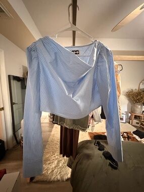 Women's Light Blue Stripe Draped Button-Back Top